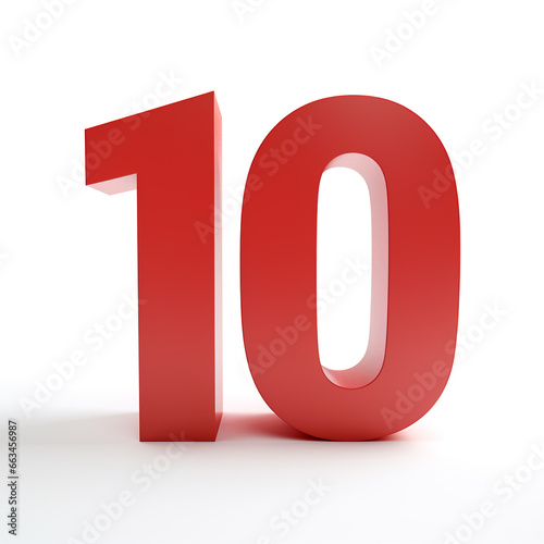 Number 10 red with matte texture, 3D, on a white background