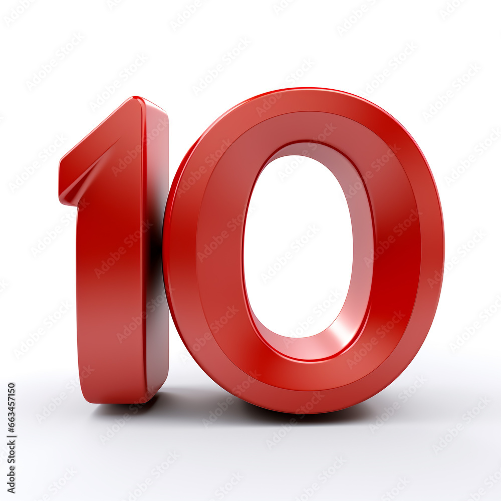 Number 10 red with glossy texture, 3D, on a white background Number 10 red with glossy texture, 3D, on a white background
