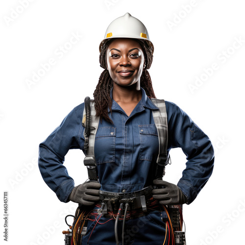 Black female electrician standing up, body view, smiling