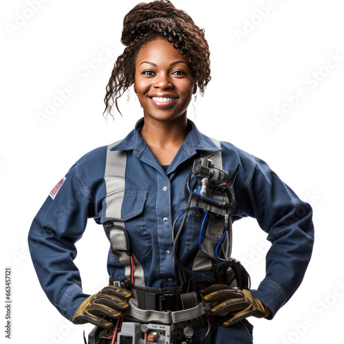 Black female electrician standing up, body view, smiling