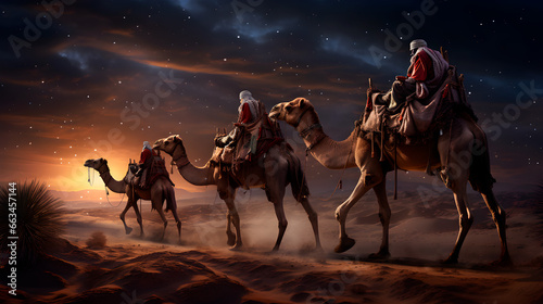 los tres reyes magos en sus camellos saliendo del oriente, la noche mágica. Generado con IA photo