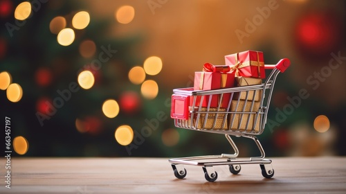 Small shopping cart with christmas gifts boxes on the table against the background of the New Year tree 