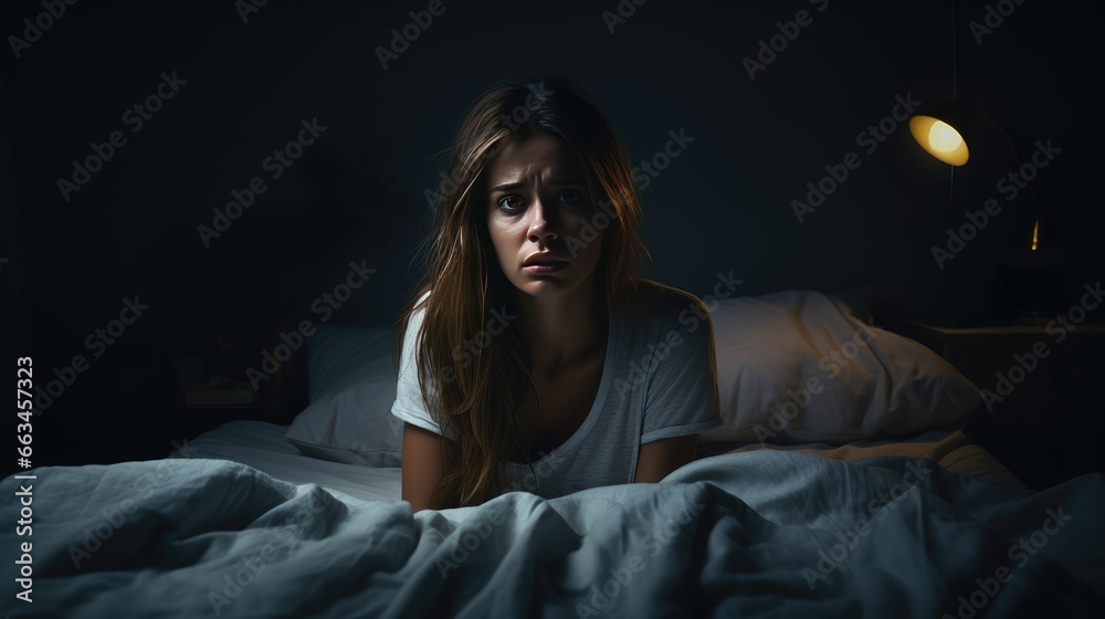 Sleepless Nights - Young Woman's Health Problems. European Lady with Insomnia and Migraines in Her Dark Bedroom. Mental Health and Emotional Distress