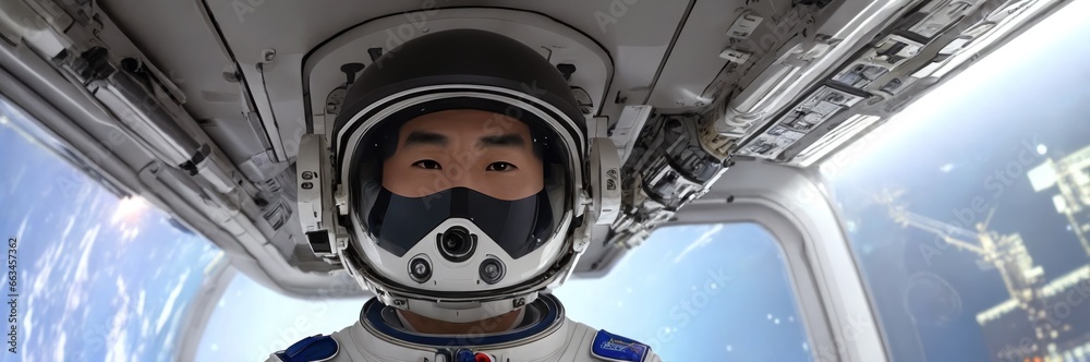 Portrait of Asian man in space suit, astronaut floating inside the Space Station, surrounded high-tech equipment and instruments. Cosmonaut in space suit work on space station. Space research. Banner Portrait of Asian man in space suit, astronaut floating inside the Space Station, surrounded high-tech equipment and instruments. Cosmonaut in space suit work on space station. Space research. Banner
