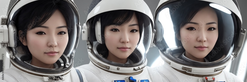 Asian woman in space suit, an astronaut floating inside the Space Station, surrounded by high-tech equipment and instruments. Cosmonaut in space suit work on the space station. Space research.. Banner