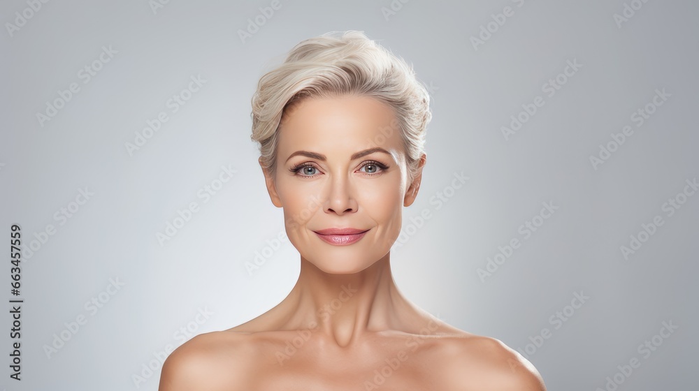 Ageless Beauty - Profile of a Middle-Aged Woman with Smooth Neck Skin. Anti-Aging Treatment for a Youthful Appearance on a Light Background. Ageless Beauty - Profile of a Middle-Aged Woman with Smooth Neck Skin. Anti-Aging Treatment for a Youthful Appearance on a Light Background.