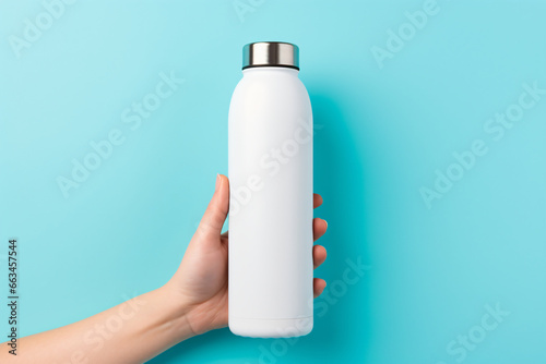 A hand holding a reusable steel stainless eco thermo water bottle on a blue background. This image can be used for a variety of purposes  such as product photography  marketing  and advertising.