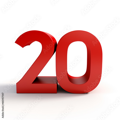 Number 20 red with matte texture, 3D, on a white background 