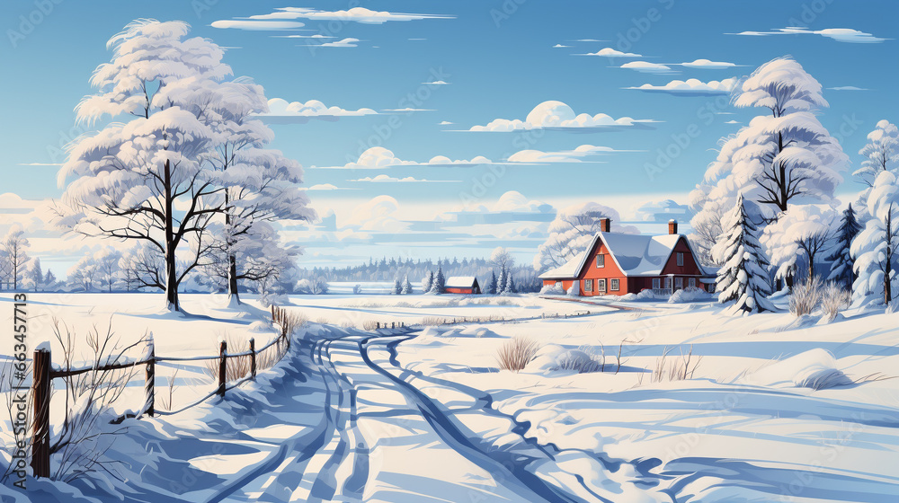 Winter Scene Rural Home long driveway illustration - Created using Generative AI