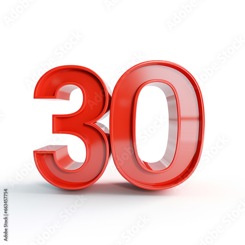 Number 30 red with glossy texture, 3D, on a white background