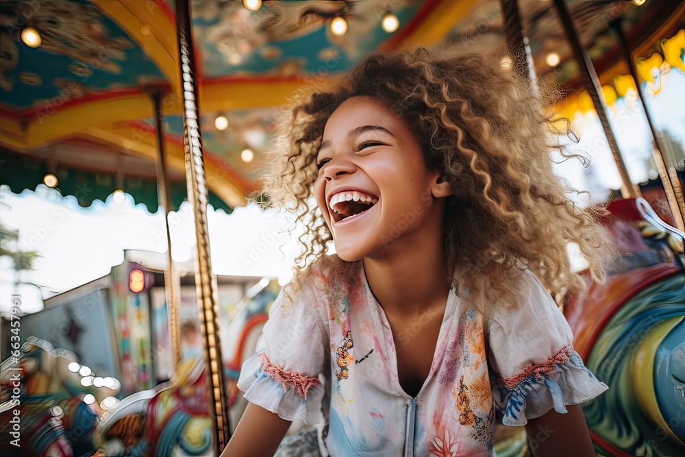 afro american curly haired girl on the carousel having fun, entertainment concept