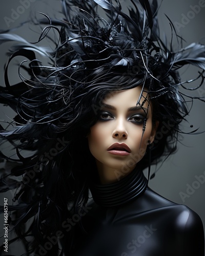 A gothic-clad woman with striking black hair and bold makeup stands masked in an alluring blend of fashion and mystery