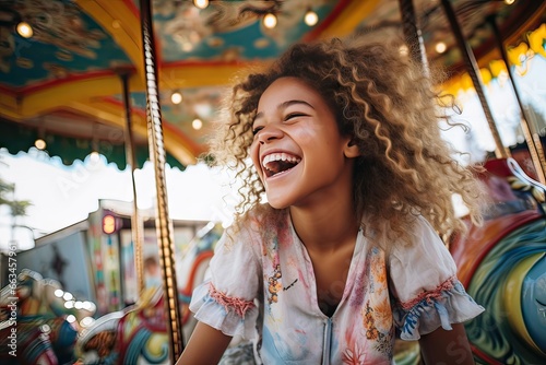 afro american curly haired girl on the carousel having fun, entertainment concept photo