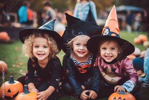 children celebrate Halloween outdoors with their friends