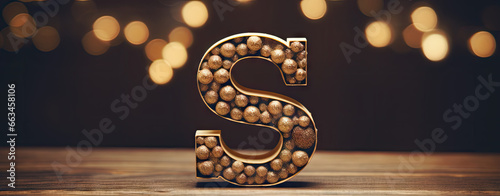 capital letter S christmas card with christmas decoration, golden christmas balls background, logo