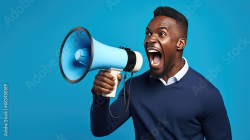 Loud and Proud - Cheerful Black Guy Making an Announcement with Megaphone. A Vibrant Display of Emotional Communication with Copy Space © pvl0707
