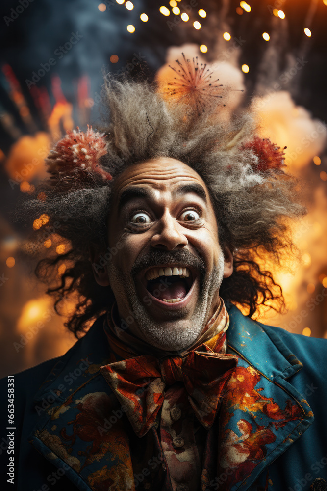 Mr Clown close up face. Portrait of Funny face Clown man in colorful uniform Mr Clown close up face. Portrait of Funny face Clown man in colorful uniform