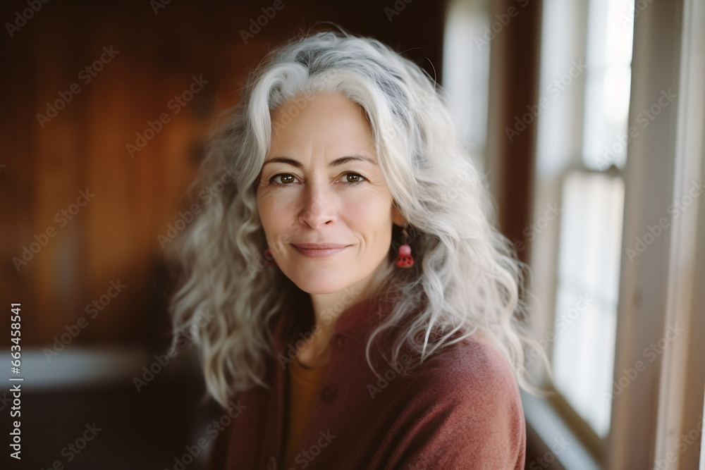 Smiling middle age grey-haired woman in outside. Autumn Smiling middle age grey-haired woman in outside. Autumn