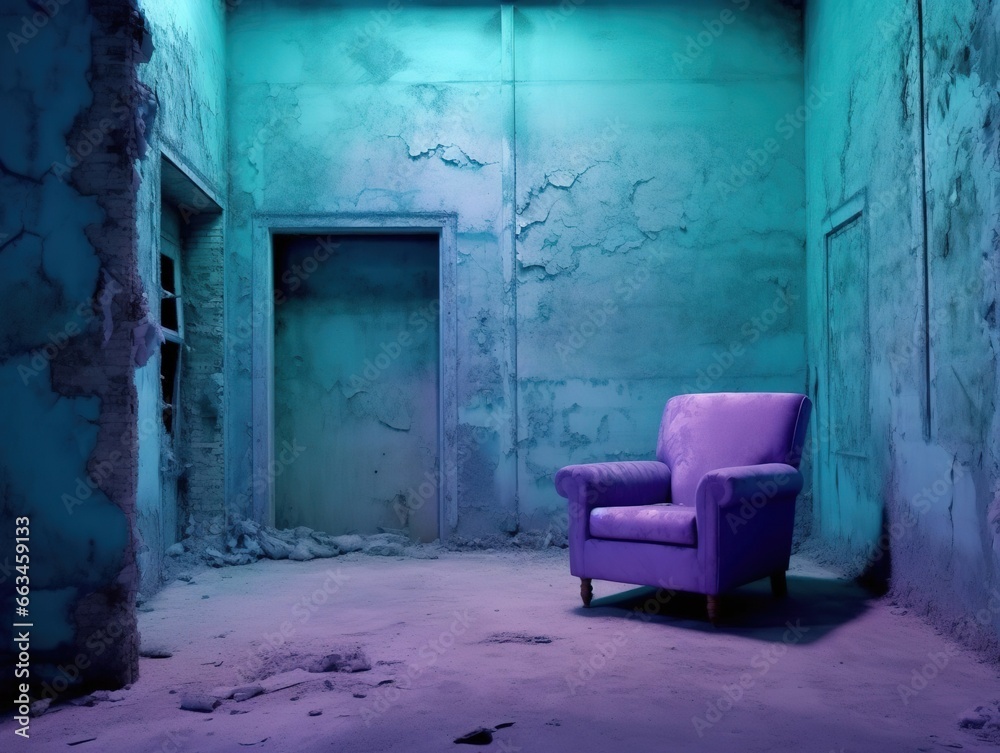An abandoned room with roughness on walls, a room in blue-violet shades. Created with Generative Ai technology. An abandoned room with roughness on walls, a room in blue-violet shades. Created with Generative Ai technology.