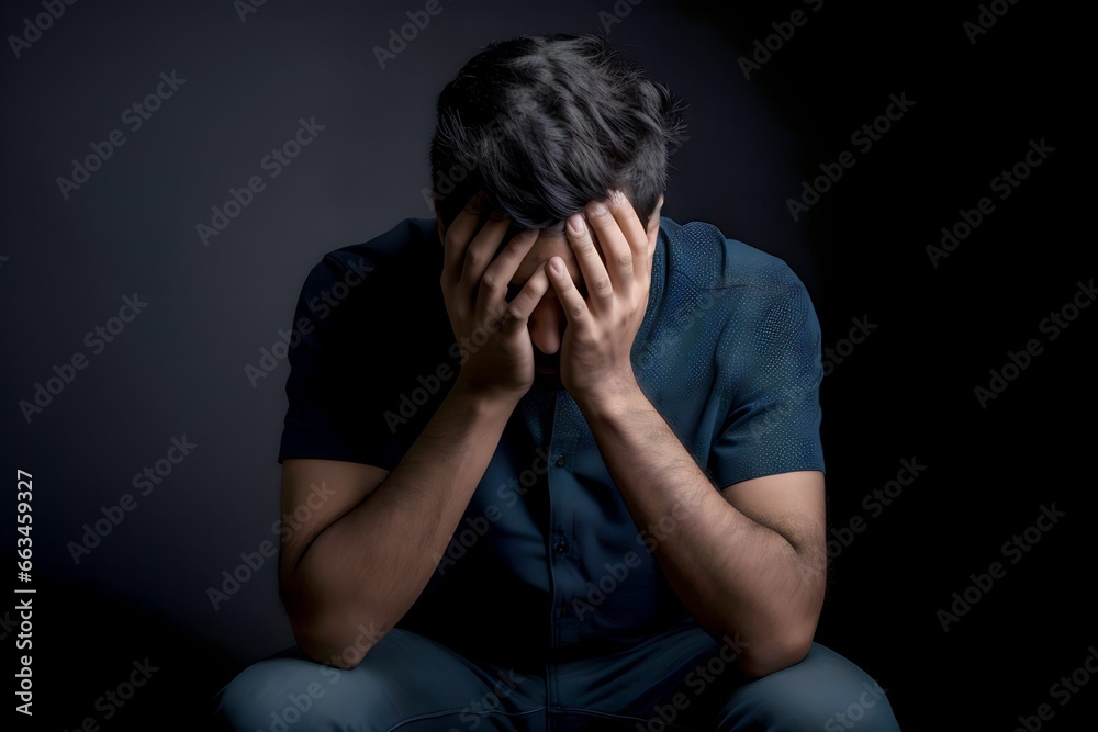 stressed sick man holding head sitting alone on black background stressed sick man holding head sitting alone on black background