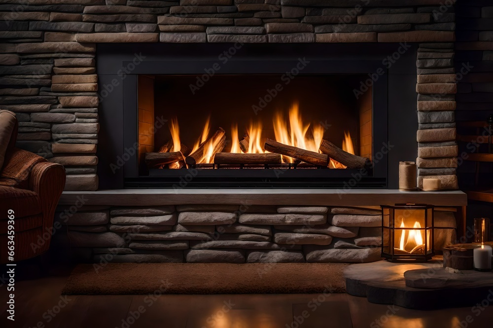 Photo of a cozy fireplace with stonewall.