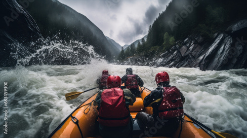 A group of young men embark on a rafting trip filled with surrounding mountains and rapids