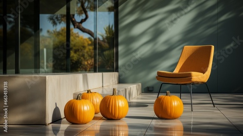 Vibrant orange cucurbits sit atop a tiled floor, surrounded by indoor furniture and gourds, as a window reveals the outdoor fall scene of a pumpkin-filled autumn landscape photo