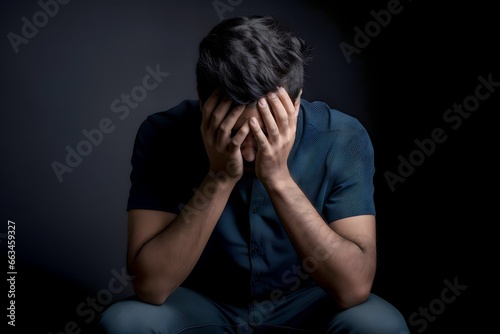 stressed sick man holding head sitting alone on black background © A Denny Syahputra