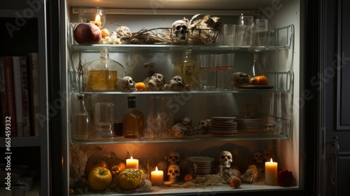 A macabre display of death and decay, as flickering candles cast a haunting glow on a shelf adorned with an eerie collection of skulls