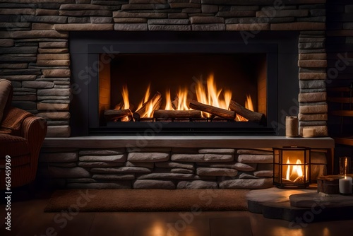 Photo of a cozy fireplace with stonewall.