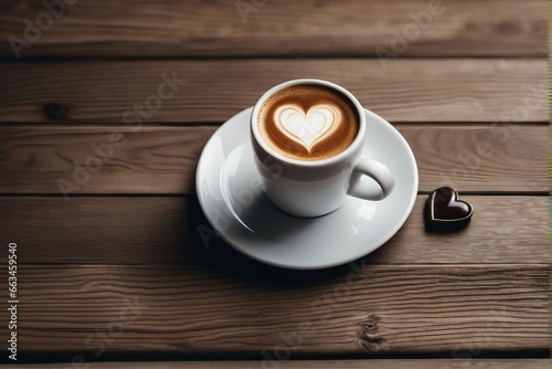 Top view of great Italian espresso coffee in a white cup on a wooden table with a foam heart shape