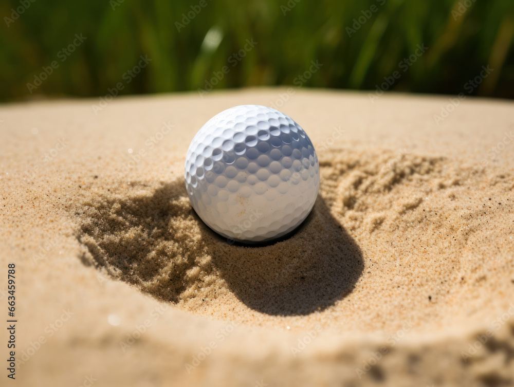 Close-Up of Golf Ball in Sand Bunker - A Golfing Challenge Close-Up of Golf Ball in Sand Bunker - A Golfing Challenge