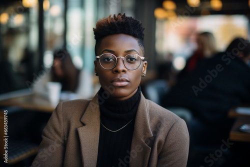 Fashionable Non binary African American wearing glasses in a cafe
