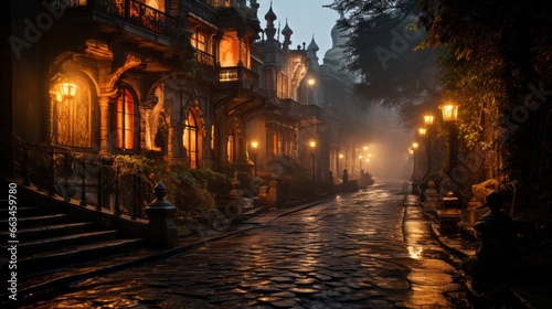 As the sun sets on the bustling city  a winding street lined with majestic trees and towering buildings leads the way to a vibrant world of lights and life