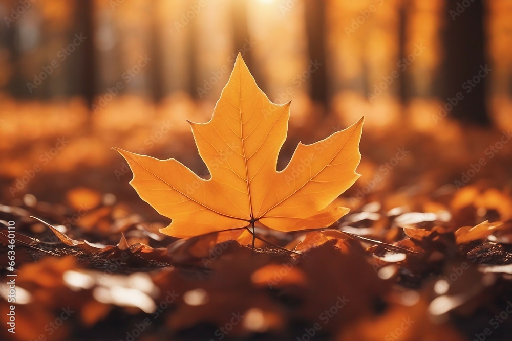A Beautiful Close-Up of an Orange Autumn Maple Leaf in a Natural Park, Bathed in Soft Sunlight and Captured with a Gentle Focus
