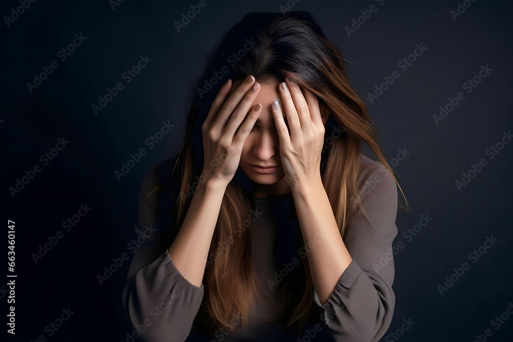 stressed sick woman holding head sitting alone on black background stressed sick woman holding head sitting alone on black background