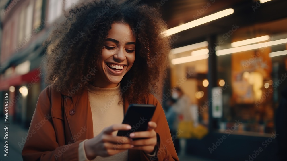 Young woman with curly hair using a smartphone