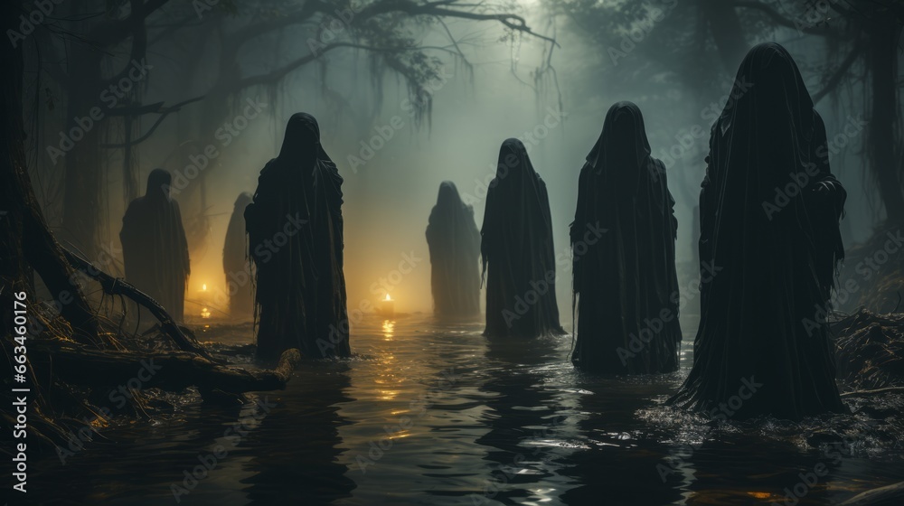 Silhouettes of black-robed figures stood in misty waters, their flickering candle illuminating dense fog as they gathered amongst trees, evoking sense of mystery and enchantment in wild outdoors