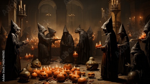 In the dimly lit forest, a coven of cloaked figures huddle together, their candles flickering with an eerie glow, as they celebrate the night of halloween with ancient rituals and dark magic