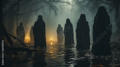 Obraz na płótnie Silhouettes of black-robed figures stood in misty waters, their flickering candle illuminating dense fog as they gathered amongst trees, evoking sense of mystery and enchantment in wild outdoors w salonie
