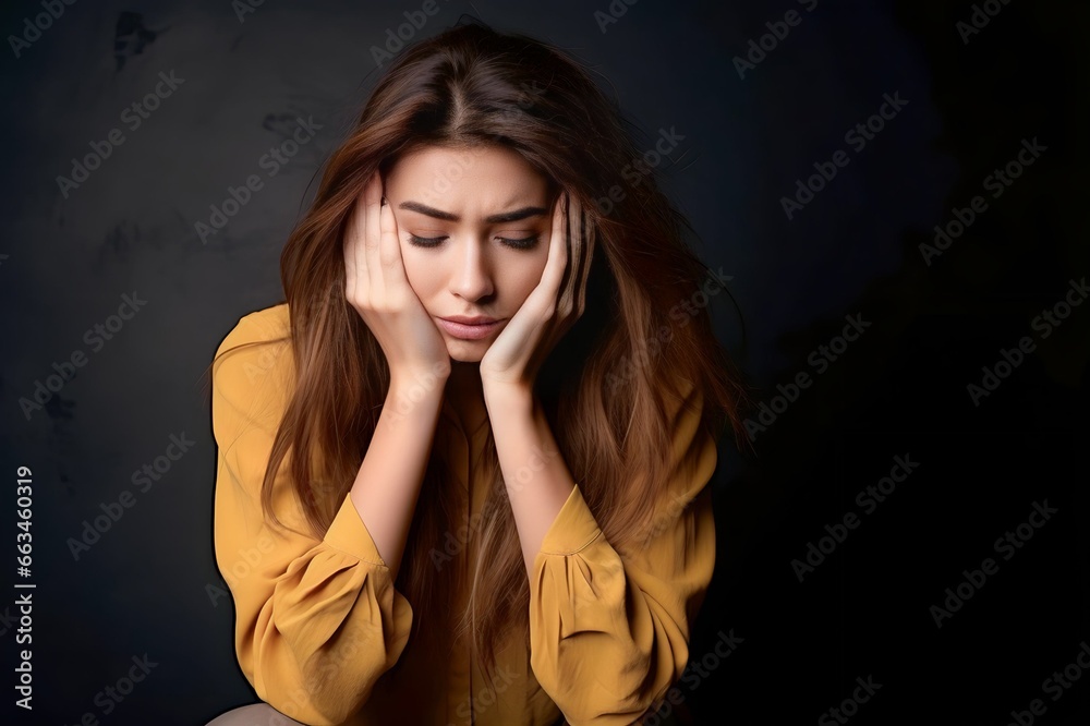 stressed sick woman holding head sitting alone on black background stressed sick woman holding head sitting alone on black background
