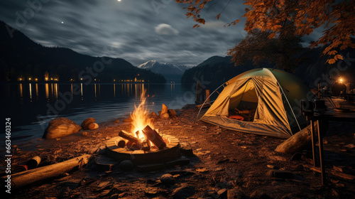 Camping tent with blured image group of backpackers relaxing near campfire tent camping with fire and mountains on the lake  Camping tent next to a lake at sunset.