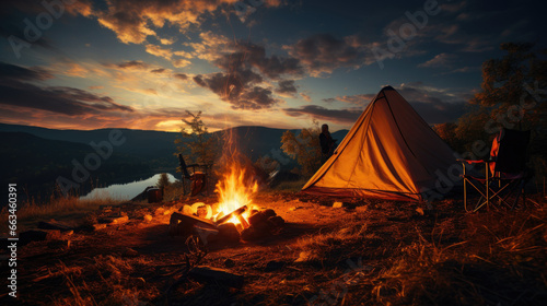 Camping tent with blured image group of backpackers relaxing near campfire,tent camping with fire and mountains on the lake ,Camping tent next to a lake at sunset.