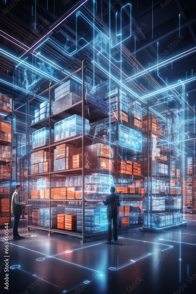 Futuristic Technology Retail Warehouse: Digitalization and Visualization of Industry 4.0 Process that Analyzes Goods, Cardboard Boxes, Products Delivery Infographics in Logistics, Distribution Center.