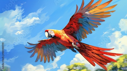 a painting of a colorful parrot flying through the air with its wings spread. generative ai