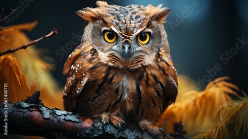 A majestic owl perched on a gnarled branch, surveying the untamed wilderness with fierce and piercing eyes