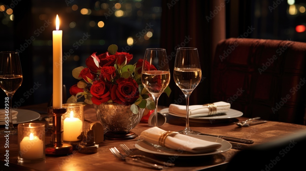 Candlelit Dinner for Two - Romantic Date Night Concept with an Exquisite Table Setting in an Upscale Restaurant Interior. Empty Table, Full of Romance