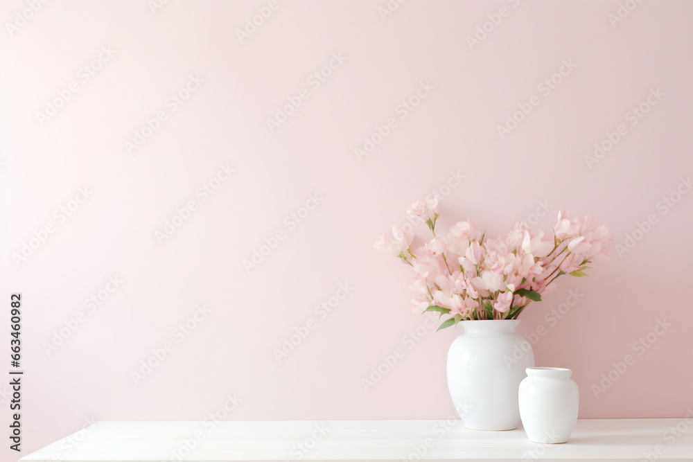Composition of a ceramic vase with a bouquet of flowers. Stylish home decor. Modern interior design. Pastel colors