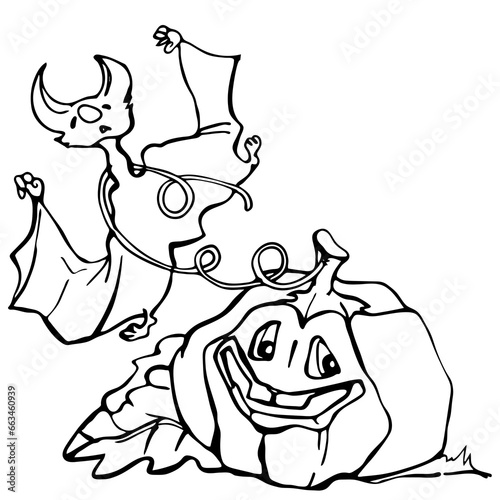 Graphic drawing for the Halloween holiday. Caricature of bats, vampires and pumpkins. Template, contour illustration. Emotions and the human form.