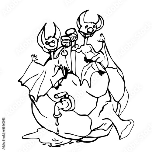 Graphic drawing for the Halloween holiday. Caricature of bats, vampires and pumpkins. Template, contour illustration. Emotions and the human form.